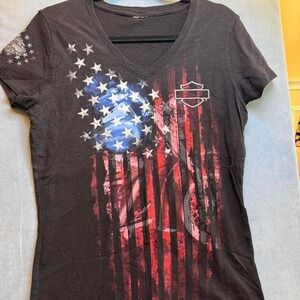Harley Davidson Black & Red American Flag Tee No Size Tag - Medium